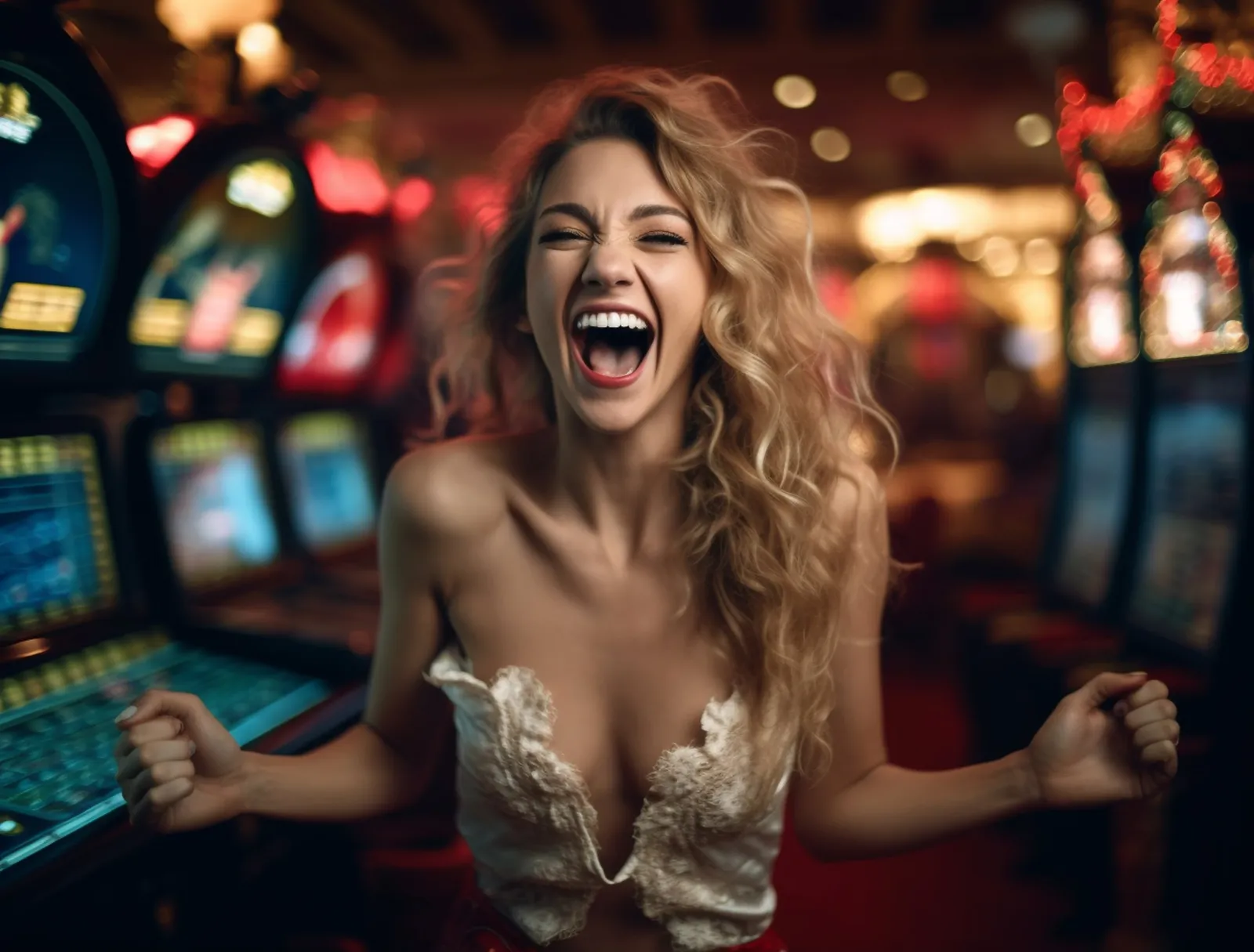 A woman laughs with her arms outstretched among illuminated slot machines.