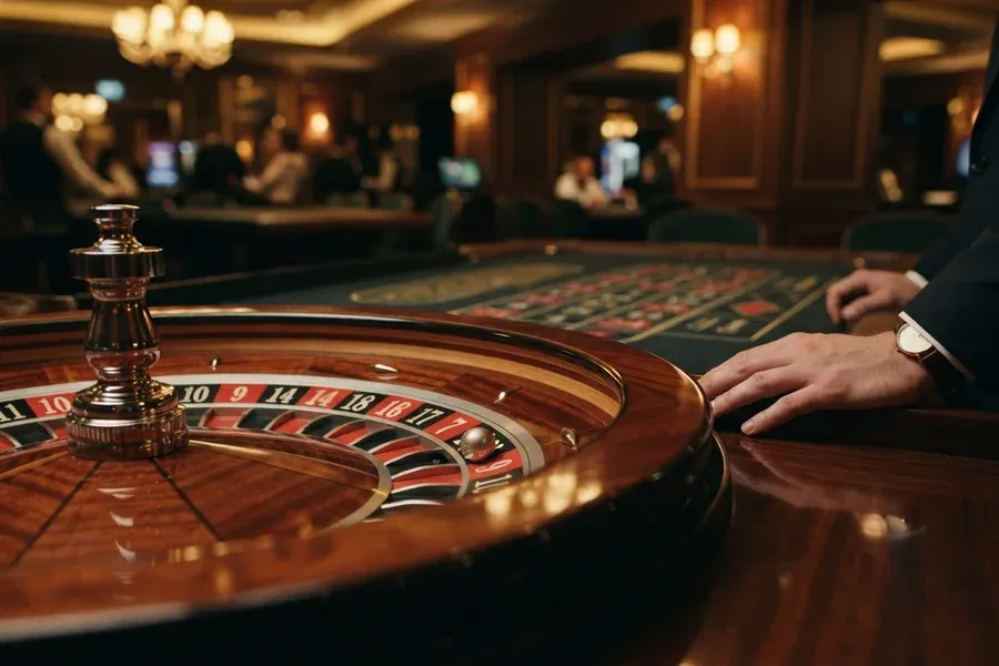A roulette wheel fills the foreground of a warmly lit casino, with a hand resting beside the table.