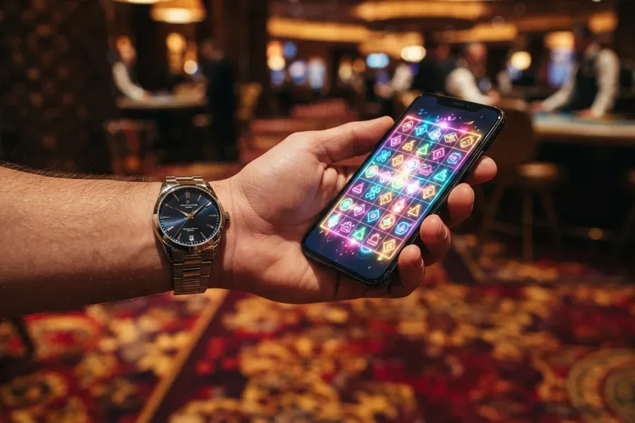 A hand wearing a wristwatch holds a smartphone displaying a bright grid of colorful symbols in a warmly lit interior.