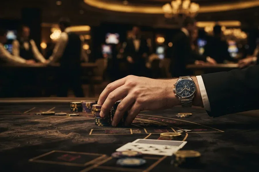 A hand wearing a wristwatch arranges chips on a card table beside playing cards.